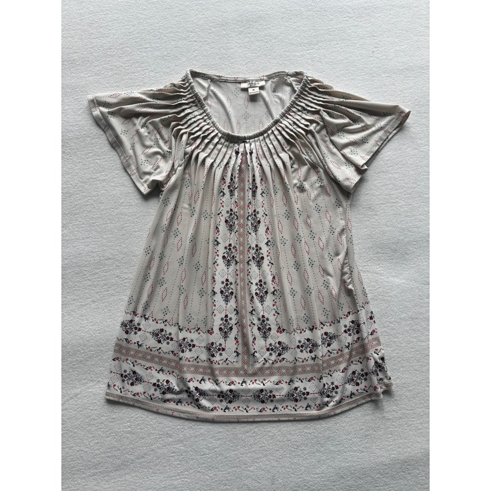 Style & Co Floral Print Pleated Blouse Womens Size M Cream Boho‎ Flutter Sleeve